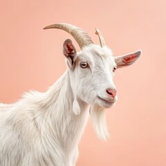 Fototapeta premium Portrait of a white goat with horns against a peach colored background
