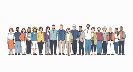 Diverse group of people standing together in a line, showcasing unity and community in a simple, modern style