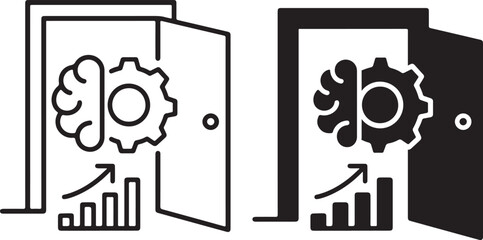 Open Door with Brain and Gear Icon Representing Knowledge, Innovation, and Growth Opportunity