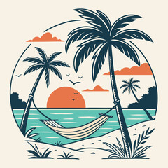 Tropical Beach Getaway Illustration Palm Trees Hammock Ocean Sunset Birds and Serene Holiday Vibe within a Circular Design