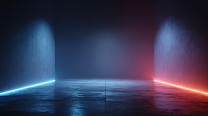 Beautiful photo of 3d technology abstract neon light background, empty space scene, spotlight, dark night, virtual reality, cyber futuristic sci-fi background, street floor.