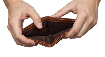 Empty Brown Leather Wallet Held Open by Two Hands Isolated on White