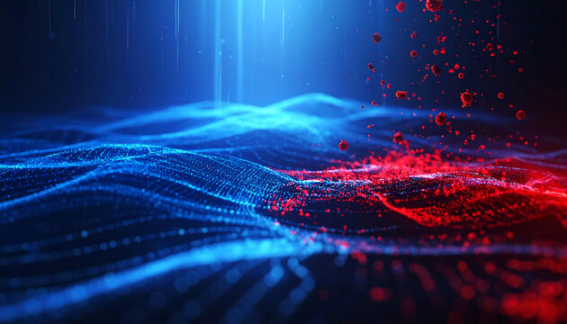 Futuristic digital landscape of glowing blue and red particles depicting a conflict between data streams and a spreading cyber virus.
