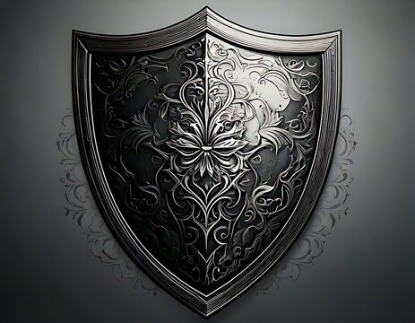 Ornate dark shield on a gray background - Powered by Adobe