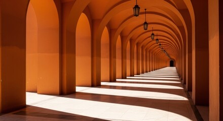 Obraz premium Sunlit orange arched corridor with dramatic shadows and elegant architecture