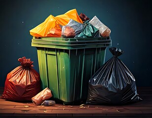 Overfilled trash can with various plastic bags