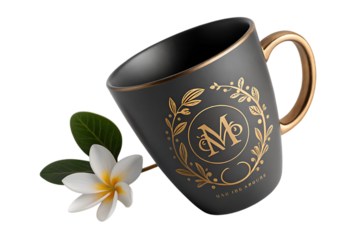 Elegant dark mug with gold floral design and white flower