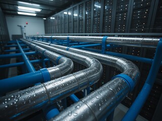 Closeup of server room cooling system with metal pipes and water droplets, showcasing the infrastructure and technology required for data center operations and efficient thermal management