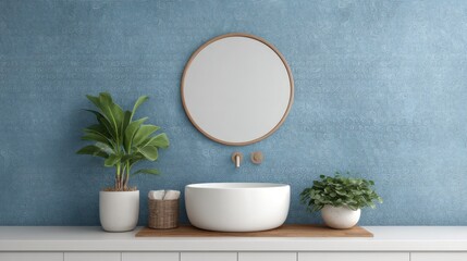Modern Bathroom Decor with Elegant Round Mirror, Stylish Sink, Indoor Plants, and Blue Textured Wall in Contemporary Design Setting