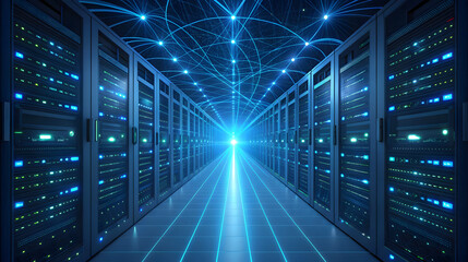 Server room with glowing blue data streams and network connections
