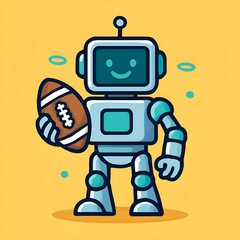 A cheerful blue robot character is depicted holding an American football, ready for a game, showcasing a fun and futuristic take on sports and artificial intelligence