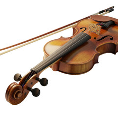 Naklejka premium A close-up studio shot of a wooden violin with a bow ready to play transparent background