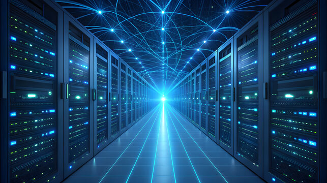Server room with glowing blue data streams and network connections - Powered by Adobe
