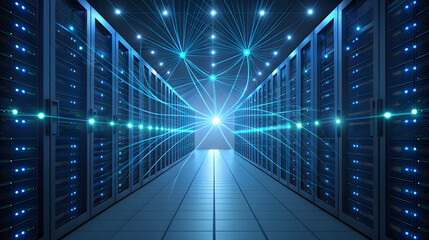 Server room with glowing blue data streams data center 1