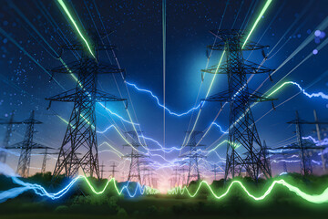 Futuristic Power Grid at Night with Dynamic Data Visualization. AI Generated