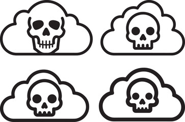 Four skull icons in cloud shapes silhouette