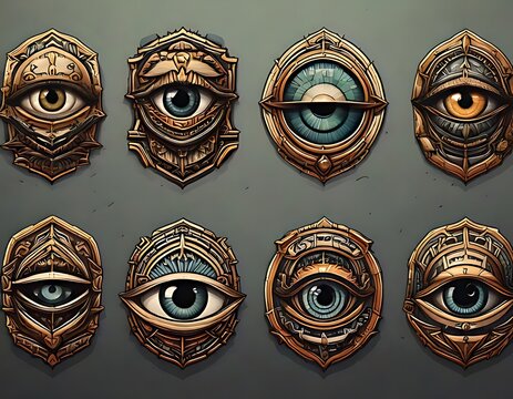 Ornate eye designs on decorative shields