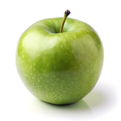 A single green apple with a stem isolated on a white background in a studio setting