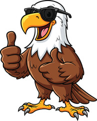 Cartoon bald eagle character with sunglasses giving thumbs up, confident pose for mascot, promotional, patriotic, and educational vector content