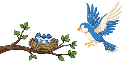 Cartoon bird family with flying parent and baby birds in nest on tree branch vector for nature, wildlife, and education design