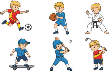 Cartoon boy playing soccer, basketball, martial arts, skateboarding, baseball, and golf vector set for children, sports, fitness, and education