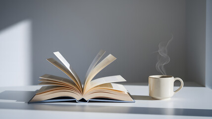 Open book and steaming coffee on a white surface, perfect for a cozy reading scene. AI Generated