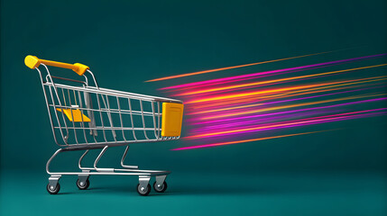 Shopping cart with yellow handle and light streaks
