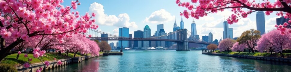 Pink blossoms frame iconic bridge Spring in Roosevelt Island , pastel, landscape