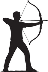 A black-and-white silhouette illustration showing a person standing with legs apart, drawing a traditional recurve bow. One arm holds the bow steady while the other pulls back the string with an arrow