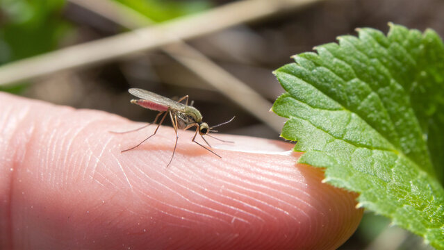Macro shot of a mosquito with a blood-filled abdomen resting on a human finger, showcasing a common insect bite in nature