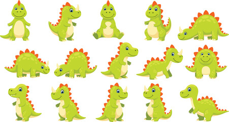 Cartoon green dinosaurs with orange spikes in multiple poses and expressions, cute character vector set for children, games, and learning design