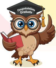 Cartoon owl wearing graduation cap and glasses holding red book, giving thumbs up, educational character vector for school and learning design