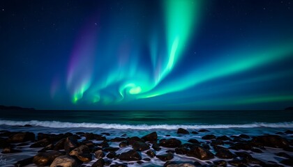 Aurora borealis dancing over a dark ocean, waves crashing on rocky shore.
