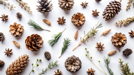 Fototapeta premium Natural winter botanicals featuring pinecones and evergreen branches creating a rustic, organic aesthetic
