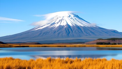 A majestic, snow-capped volcano dominates the background, its peak shrouded in wispy, lenticular clouds that give it a halo-like appearance; the mountain's slopes are a deep