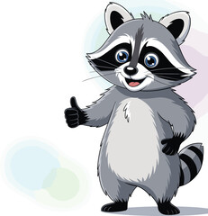 Cartoon raccoon character giving thumbs up with cheerful smile, striped tail, cute animal mascot vector for kids, education, branding use