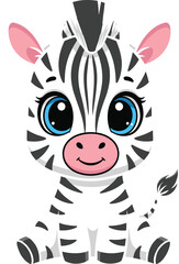 Cute cartoon baby zebra with blue eyes, pink snout, sitting pose, smiling face vector for children, nursery, animal and education design