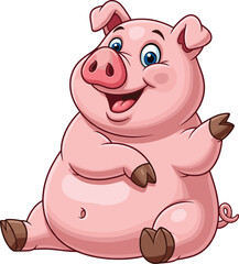 Cute cartoon pig character sitting happily with raised hand, smiling face, blue eyes, pink body, perfect for kids and animation