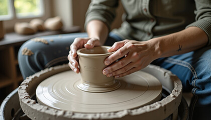 Fototapeta premium Potter shaping a clay pot on a wheel in a cozy pottery studio 