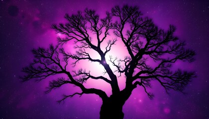Silhouette of a leafless tree against a vibrant purple cosmic background.