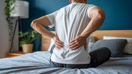 Obraz premium Man experiencing lower back pain while sitting on bed with hands on back at home medical technology