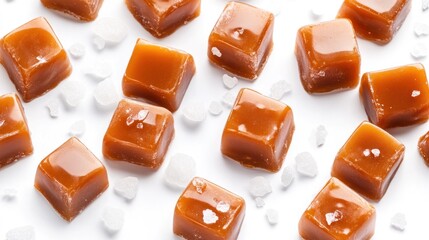 Salted caramel candies on white background