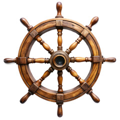 Obraz premium Close up of a vintage wooden ship wheel with eight handles on a white background