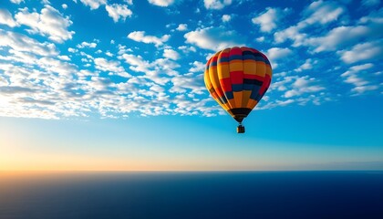 Naklejka premium Hot air balloon soaring over a calm ocean under a vibrant sunrise sky.