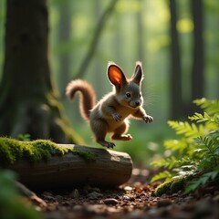 Wild lagomorph jumping over fallen log