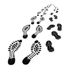 Footprint trail illustration showing a path of shoe prints fading into the distance on white background
