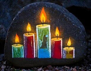 Painted candles on a rock at night