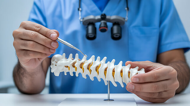 Close up of doctor pointing at spine model with surgical tool in medical examination room medical technology
