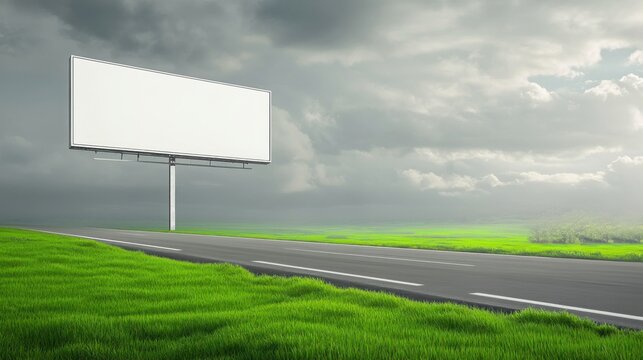 Blank billboard by highway and green field