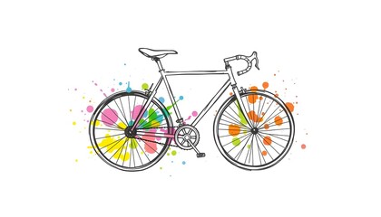 Fototapeta premium Artistic sketch of a road bicycle with colorful watercolor splatters on the wheels, isolated on a white background.